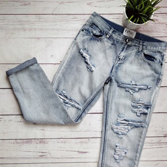 ONE TEASPOON Awesome Baggies Straight Boyfriend Jeans 26 Light Blue Distressed - Picture 1 of 8